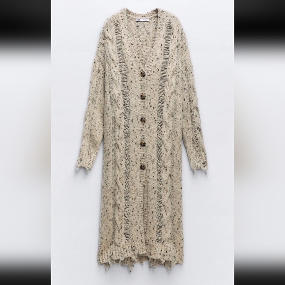 Zara Cable Knit Torn Long Duster Cardigan Sweater - Picture 1 of 10